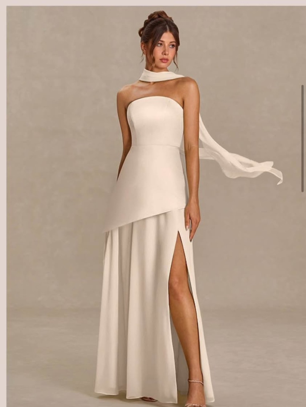 Azazie Strapless Cream Evening Gown with Side Slit and Draped Scarf Detail